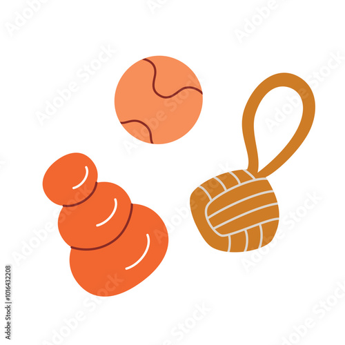 Vector illustration of colorful pet toys, ball, chew toy, and rope. Flat cartoon style, perfect for dog training, play, and enrichment activities. Fun and durable design for pets