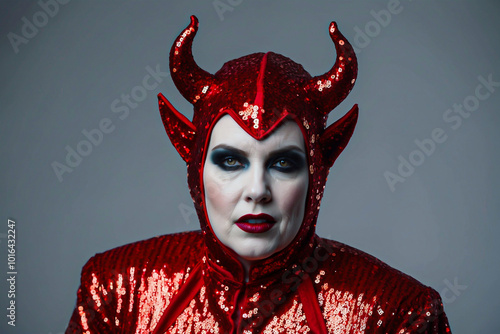 Woman dressed in an devil costume. The individual has a pale complexion and is wearing dramatic makeup. The costume is red, adorned with sequins and glitter. Halloween