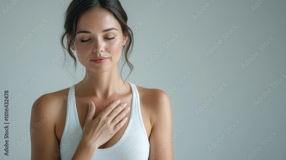 Beautiful brunette in white t-shirt doing breast self-examination Breast Cancer female breast, support, prevention, mammography, screening, oncology, cancer treatment. Beautiful brunette in white t-shirt doing breast self-examination Breast Cancer female breast, support, prevention, mammography, screening, oncology, cancer treatment.