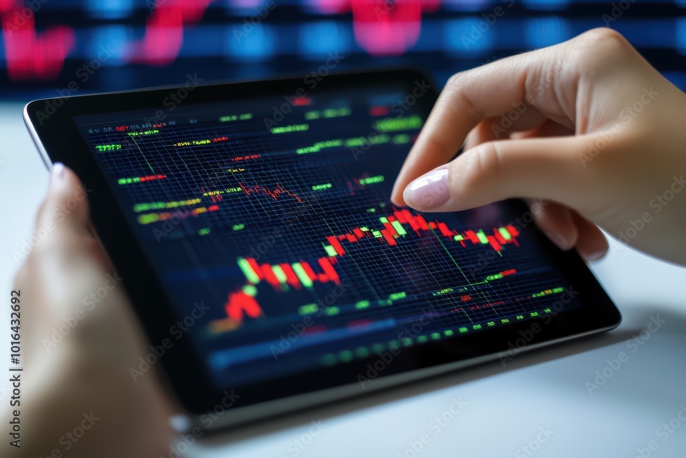 A person using a tablet to analyze stock market data with colorful graphs and charts. A person using a tablet to analyze stock market data with colorful graphs and charts.