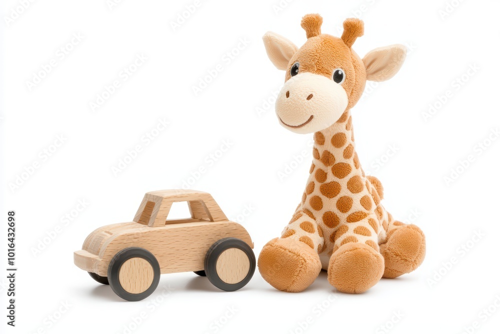 A plush giraffe toy and a wooden car, playful and colorful, perfect for children's rooms or playful decor. A plush giraffe toy and a wooden car, playful and colorful, perfect for children's rooms or playful decor.