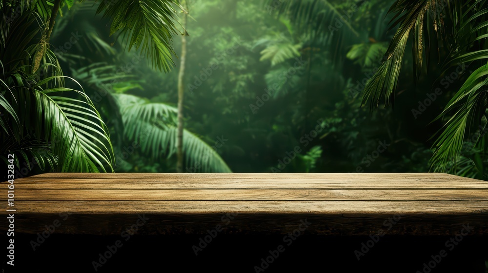 A rustic wooden table in a lush tropical jungle setting. Vibrant greenery surrounds the scene, evoking a sense of nature. A rustic wooden table in a lush tropical jungle setting. Vibrant greenery surrounds the scene, evoking a sense of nature.