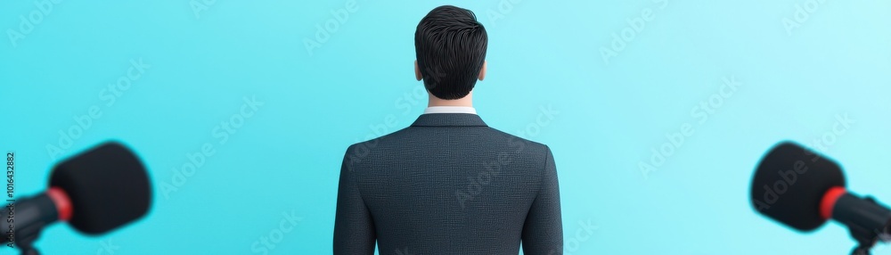 A person stands with their back to the camera, facing two microphones against a bright blue background. A person stands with their back to the camera, facing two microphones against a bright blue background.