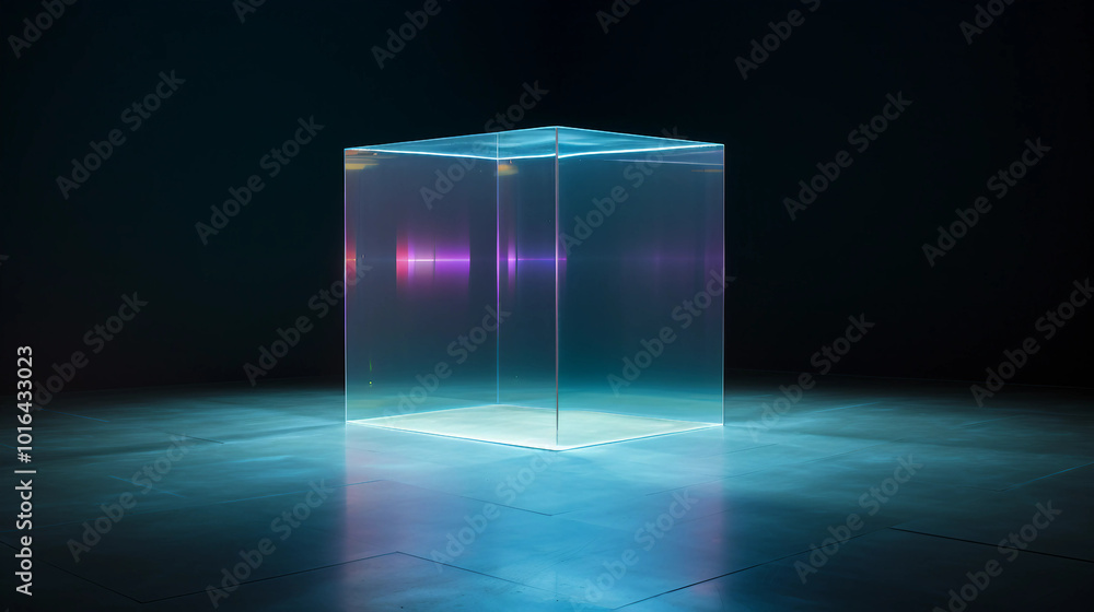In A Dark Room, A Cube Of Holographic Light Casts Futuristic Neon Glow Across The Empty Space, Filling It With Clean And Minimalistic Illumination. In A Dark Room, A Cube Of Holographic Light Casts Futuristic Neon Glow Across The Empty Space, Filling It With Clean And Minimalistic Illumination.