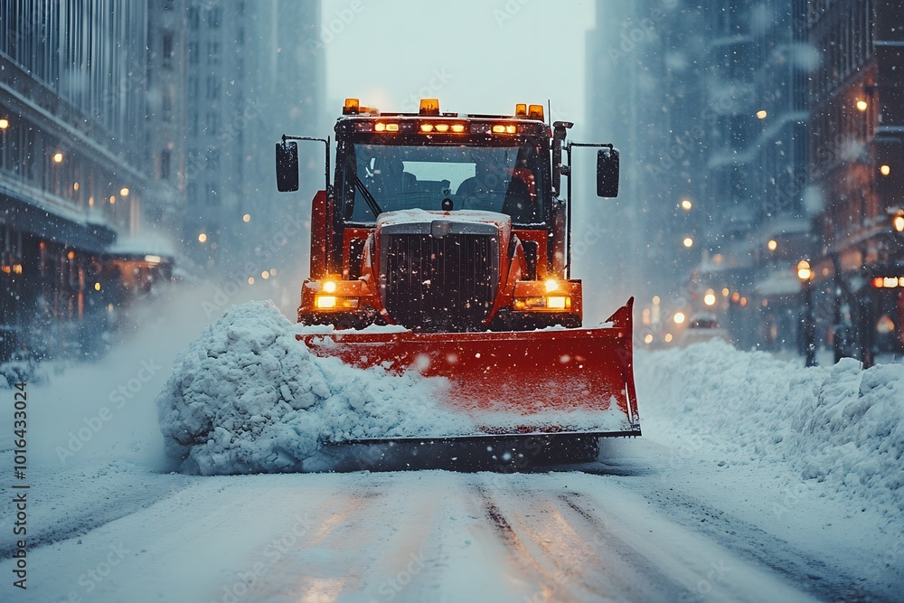 Snowplow Pushing Through Heavy Snowfall On A City Street Snowplow Pushing Through Heavy Snowfall On A City Street