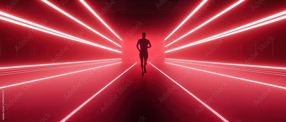 A silhouette of a runner against vibrant red laser beams in a dark corridor, creating a dynamic and energetic atmosphere. A silhouette of a runner against vibrant red laser beams in a dark corridor, creating a dynamic and energetic atmosphere.