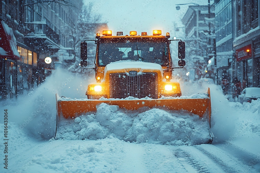 Snowplow Pushing Through Heavy Snowfall On A City Street Snowplow Pushing Through Heavy Snowfall On A City Street