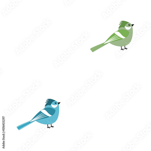 Print pattern to decorate object with young green and blue sparrows on white background - vector photo