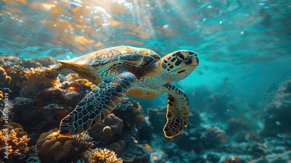 Obraz premium Graceful Sea Turtle Swimming in Vibrant Coral Reef