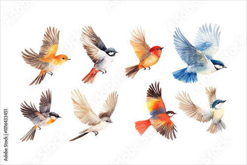 Set of vibrant flying birds captured in watercolor for creative projects photo