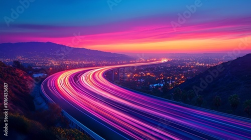 A vibrant sunset illuminates a winding highway, with streaks of light from vehicles creating a dynamic and colorful scene.