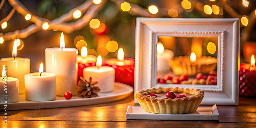 White Frame with Pie and Candles - Conceptual Photography for Celebrations and Gatherings White Frame with Pie and Candles - Conceptual Photography for Celebrations and Gatherings