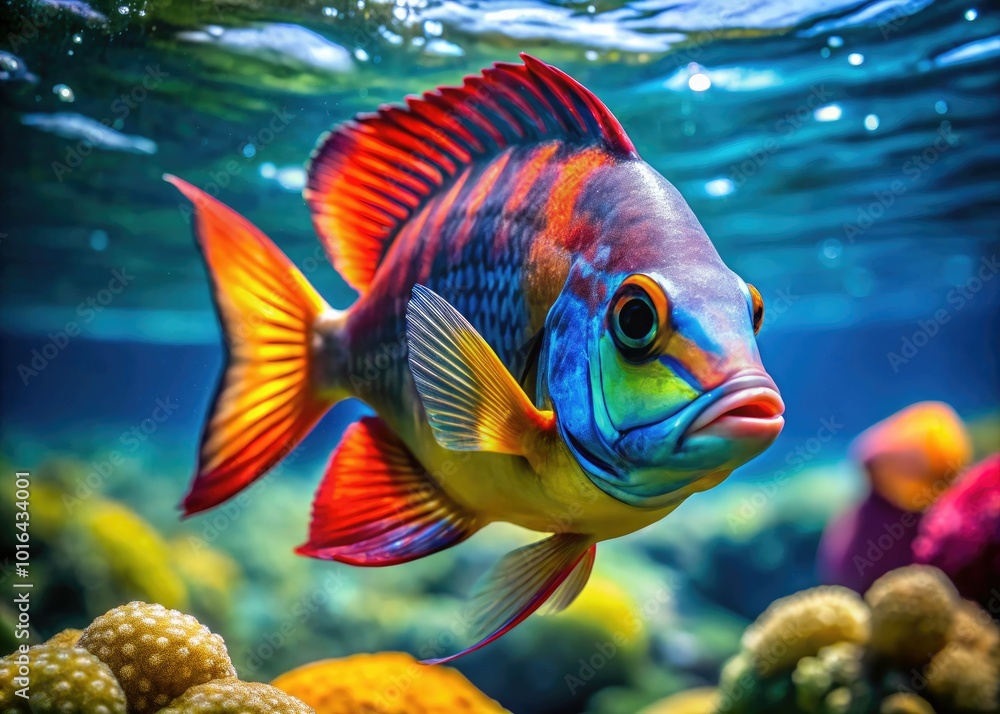 Unique Half Moon Fish Swimming Gracefully in Clear Aquatic Habitat with Vibrant Color Patterns Unique Half Moon Fish Swimming Gracefully in Clear Aquatic Habitat with Vibrant Color Patterns