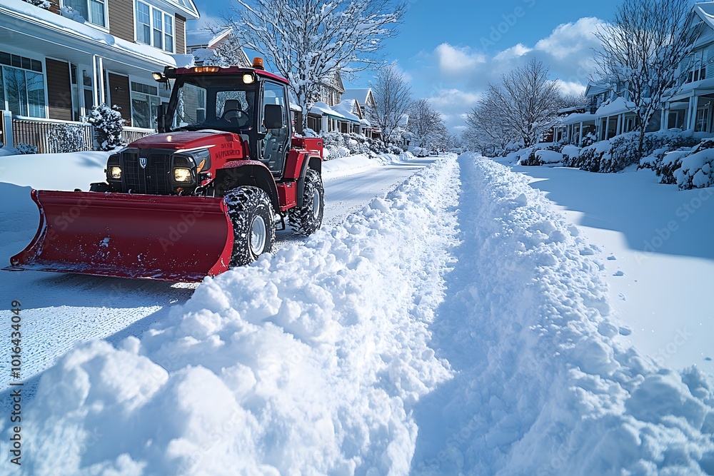 Snowblower attachment on a small plow clearing sidewalks in a neighborhood Snowblower attachment on a small plow clearing sidewalks in a neighborhood