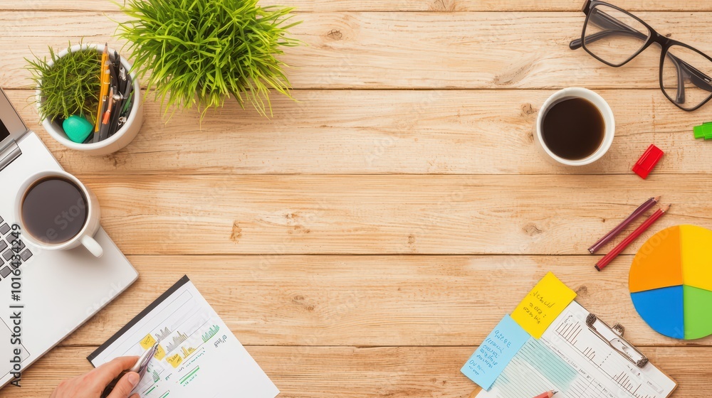 A workspace with a laptop, coffee cups, stationery, and a plant, promoting productivity and creativity. A workspace with a laptop, coffee cups, stationery, and a plant, promoting productivity and creativity.