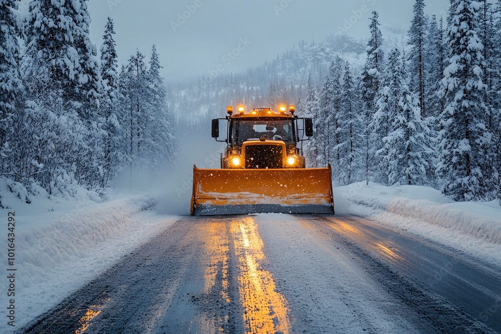Snowplow Clearing A Rural Road, With A Snow-covered Forest In The Background Snowplow Clearing A Rural Road, With A Snow-covered Forest In The Background