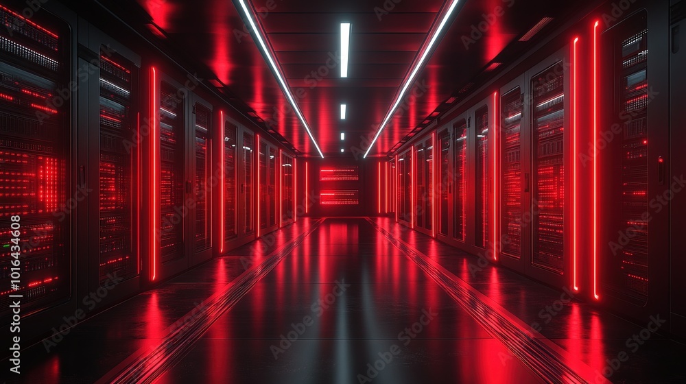 Fototapeta premium Futuristic server data center with red neon lights