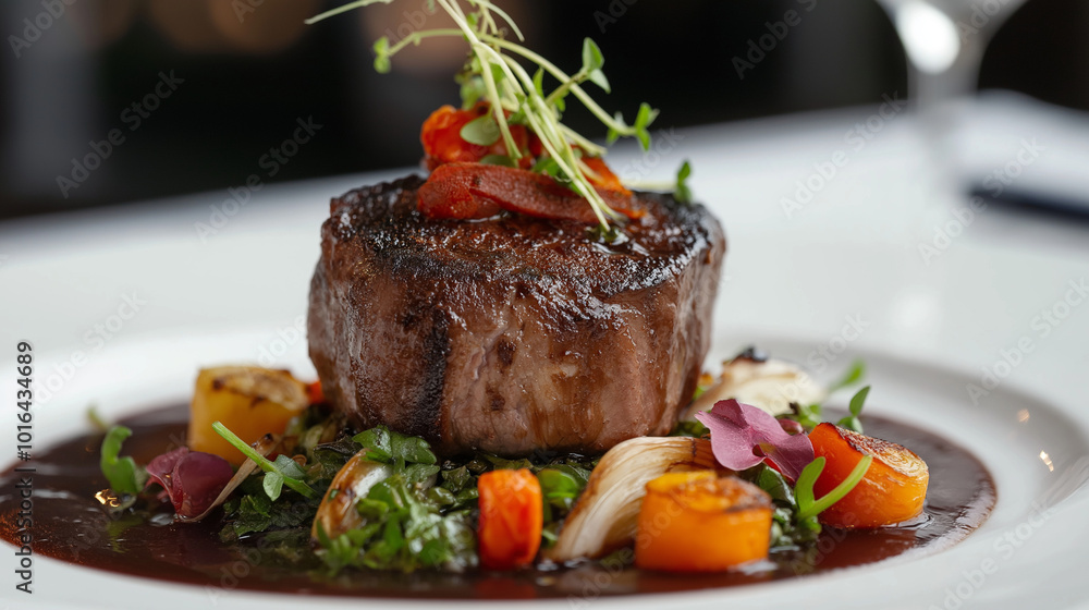 Gourmet dish with an elegant presentation highlighting fresh ingredients and vibrant colors. Generative AI. Gourmet dish with an elegant presentation highlighting fresh ingredients and vibrant colors. Generative AI.