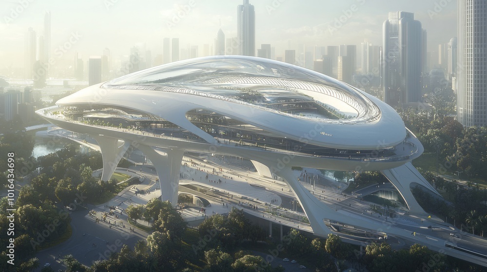 Fototapeta premium Futuristic Transportation Hub: Photorealistic Architectural Wonder in Urban Setting