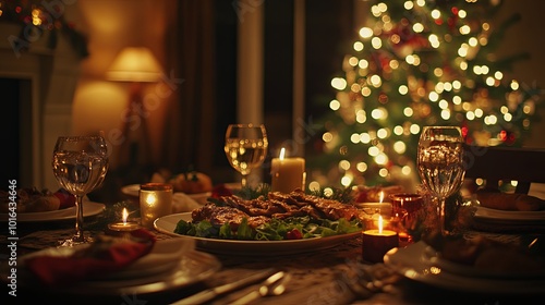 A table is set with a Christmas tree in the background and a variety of food