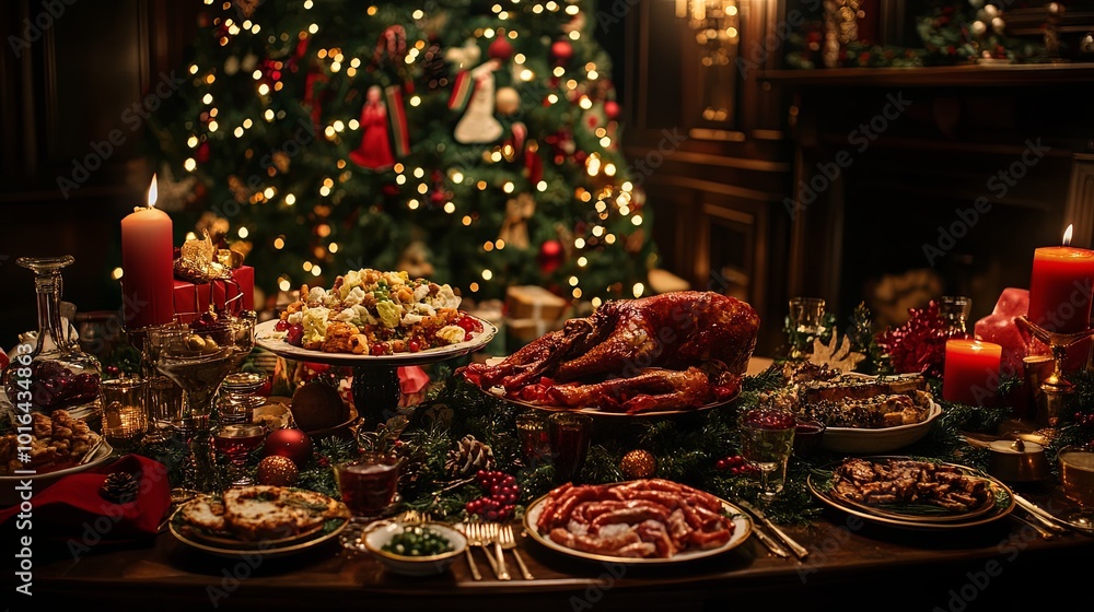 A table is set with a Christmas tree in the background and a variety of food A table is set with a Christmas tree in the background and a variety of food