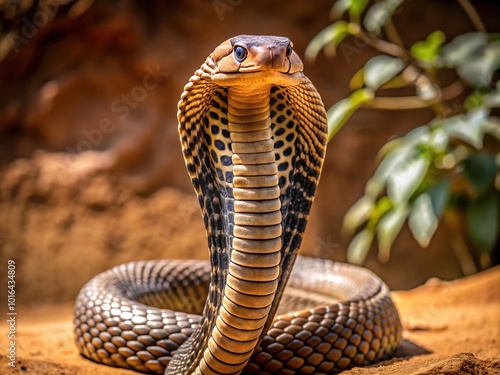 Venomous Spectacled Cobra, native to the Indian Subcontinent, raises hood, displaying distinctive markings, in a defensive posture on a rustic, earthen background.