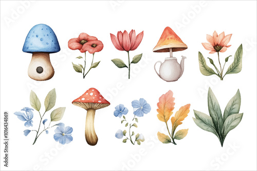 Set of whimsical watercolor alice in wonderland graphic elements