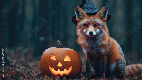 A haunting and mystical scene of a fox wearing a witch s hat sitting next to a glowing jack o lantern pumpkin in a dark and foreboding autumn forest photo