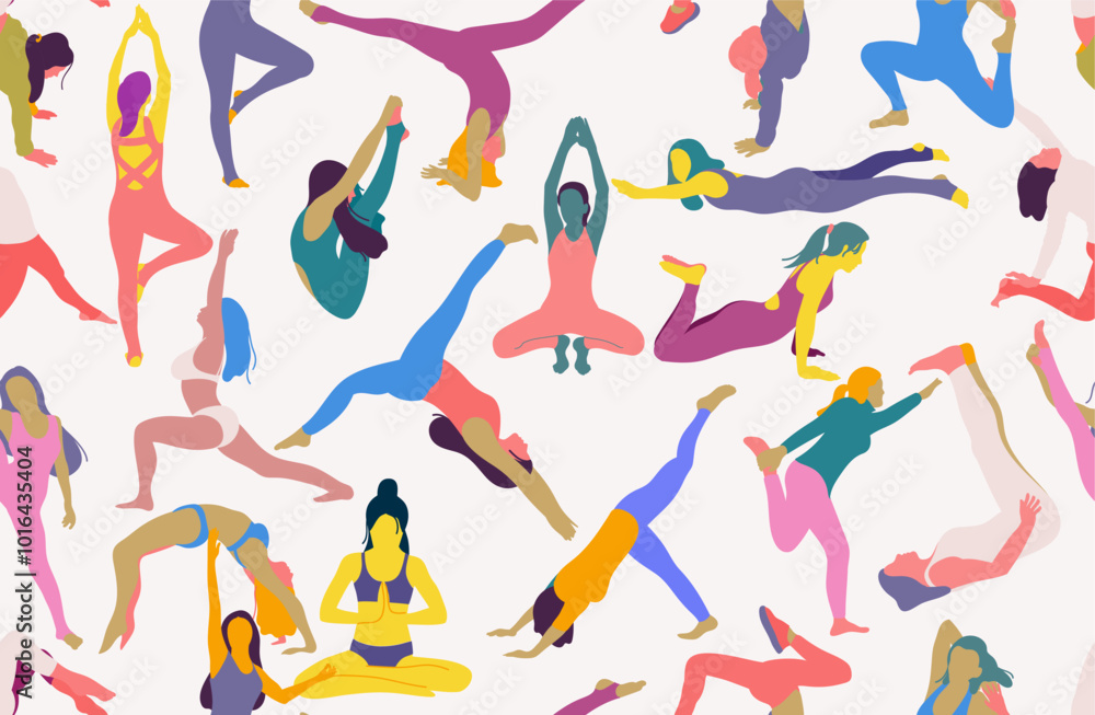 Seamless patterns with people doing fitness exercises, yoga. Different asanas. Concept of sport, gym, yoga, pilates, fitness. Relaxing body and balancing. Vector illustration. Cartoon simple style. Seamless patterns with people doing fitness exercises, yoga. Different asanas. Concept of sport, gym, yoga, pilates, fitness. Relaxing body and balancing. Vector illustration. Cartoon simple style.