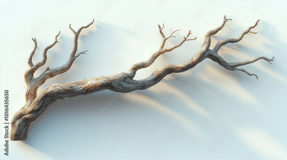 A gently curved dried branch casting soft shadows, with intricate natural detailing, on a white background A gently curved dried branch casting soft shadows, with intricate natural detailing, on a white background