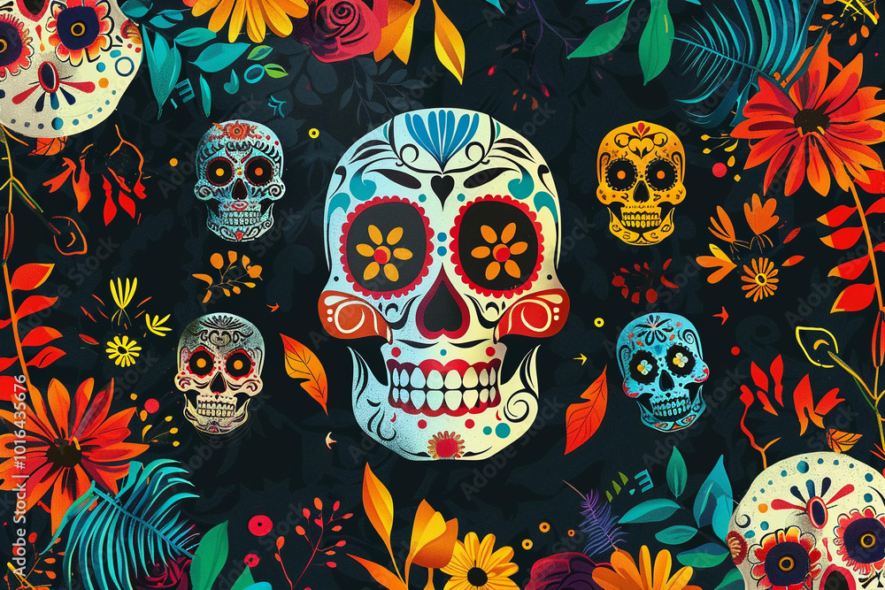 Beautiful greeting card with bright holiday composition for happy to joy celebrate dia de muertos Beautiful greeting card with bright holiday composition for happy to joy celebrate dia de muertos