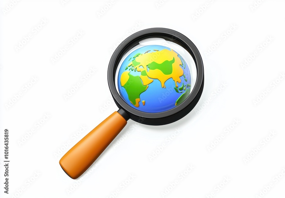 A magnifying glass focusing on a colorful globe, symbolizing exploration, discovery, and a closer look at the world. A magnifying glass focusing on a colorful globe, symbolizing exploration, discovery, and a closer look at the world.