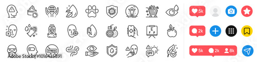 Hypoallergenic tested, Nurse and Coronavirus line icons pack. Social media icons. Dog paw, Mental health, Recovered person web icon. Health eye, Vision board, Eye drops pictogram. Vector