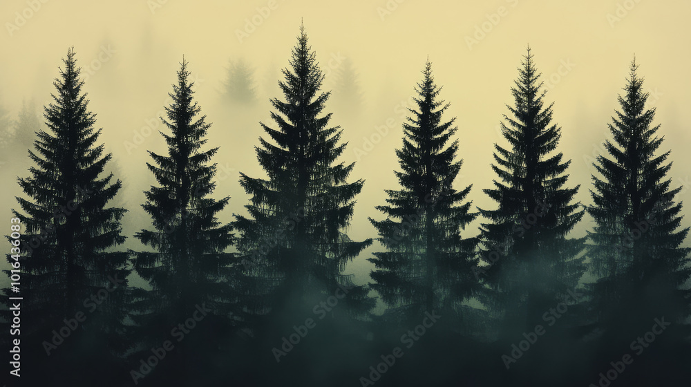 Obraz premium Silhouetted pine trees stand tall in a thick fog, creating an eerie and atmospheric scene.