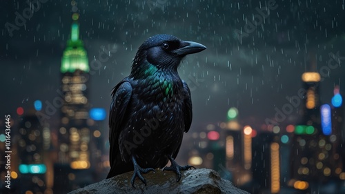 A lone raven perched on a rock overlooking a rainy cityscape at night.