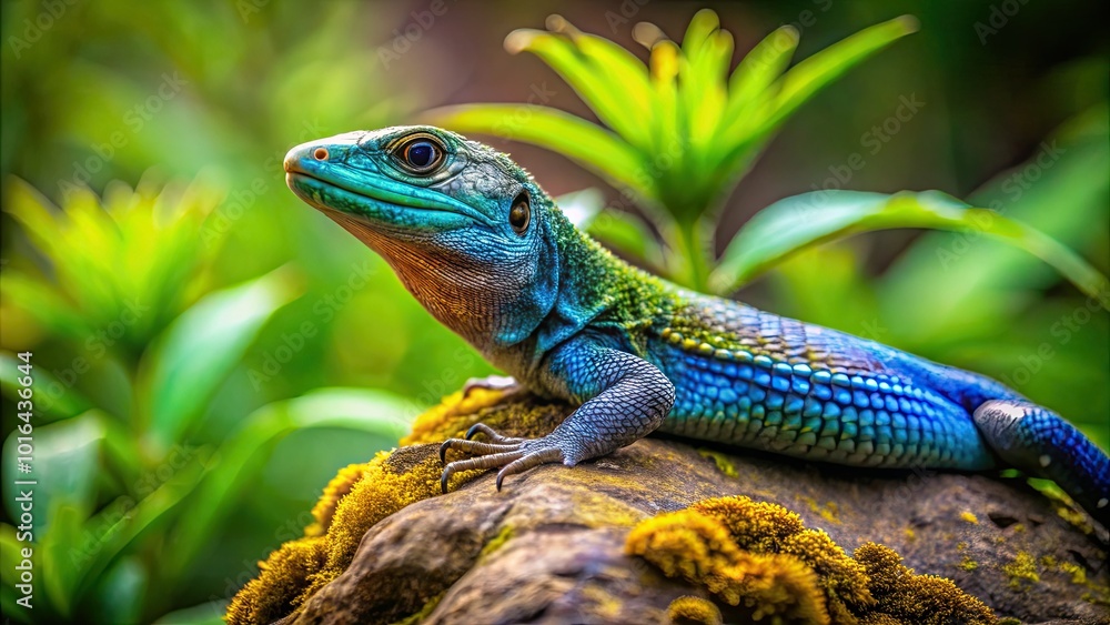 Fototapeta premium Vibrant Bluebelly Lizard Resting on a Rock in Natural Habitat Surrounded by Green Vegetation