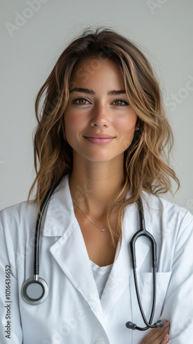 A professional doctor in a white lab coat with a stethoscope around their neck, smiling confidently, on a white background