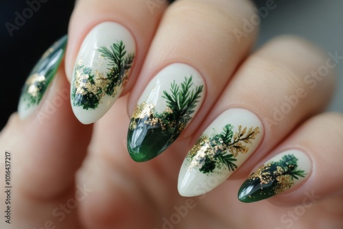 Close-up of a hand with green and gold Christmas tree nail art. photo