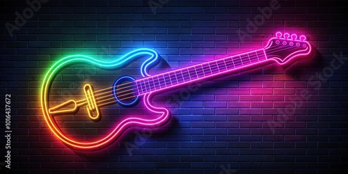 Vibrant neon guitar sign illuminated against a dark background, emitting a radiant glow, perfect for music-themed graphics, posters, or advertising campaigns. photo