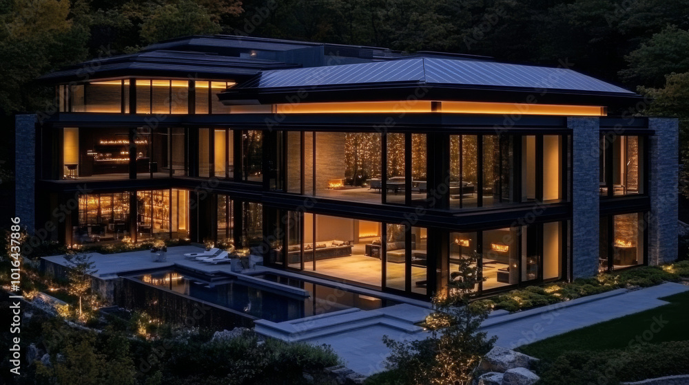 Fototapeta premium Modern home with a pool and a large deck illuminated at night.