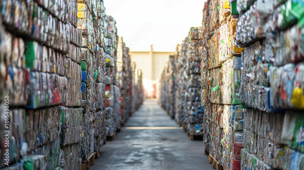 Recycling facility with stacked bales of materials Recycling facility with stacked bales of materials