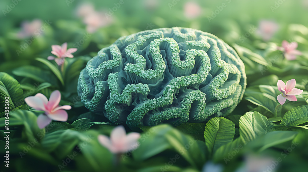 Brain fused with a green maze.brain merged with a green maze resembling a forest, soft pastel blossom season flowers.green forest maze, vibrant flowers in vivid colors growing Brain fused with a green maze.brain merged with a green maze resembling a forest, soft pastel blossom season flowers.green forest maze, vibrant flowers in vivid colors growing