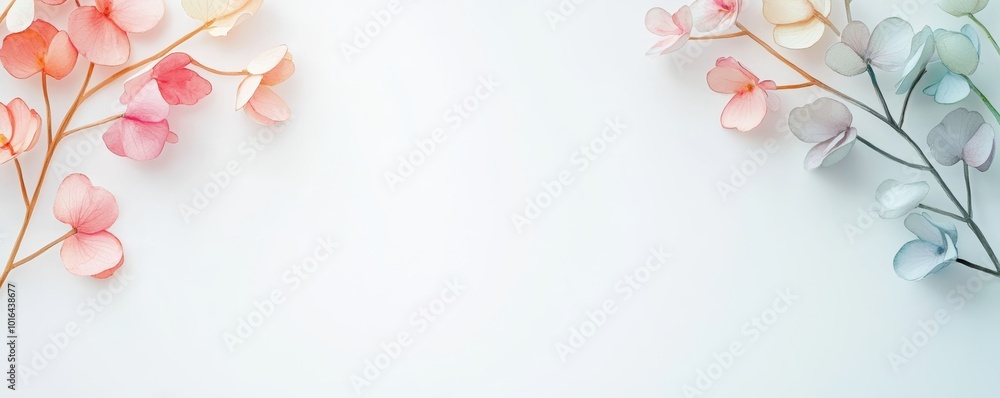 Fototapeta premium A botanical illustration of spring branches and delicate watercolor flowers in pastel tones, with soft washes of color creating a light, organic flow across the white background.