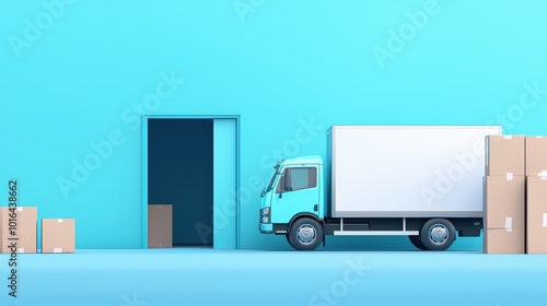 Delivery truck parked near warehouse door with cardboard boxes, minimalist blue background.