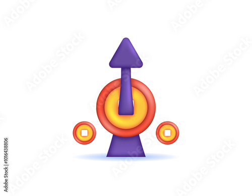 illustration of ancient coin with arrow up. increase in income and profit. economy and finance are strengthening and increasing. increasingly rising. symbol or icon. minimalist 3d style design. elemen
