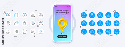 Phone mockup with 3d map pin icon. Augmented reality, Difficult stress and Nurse line icons. Pack of Electronic thermometer, Diagram graph, Night weather icon. Vector