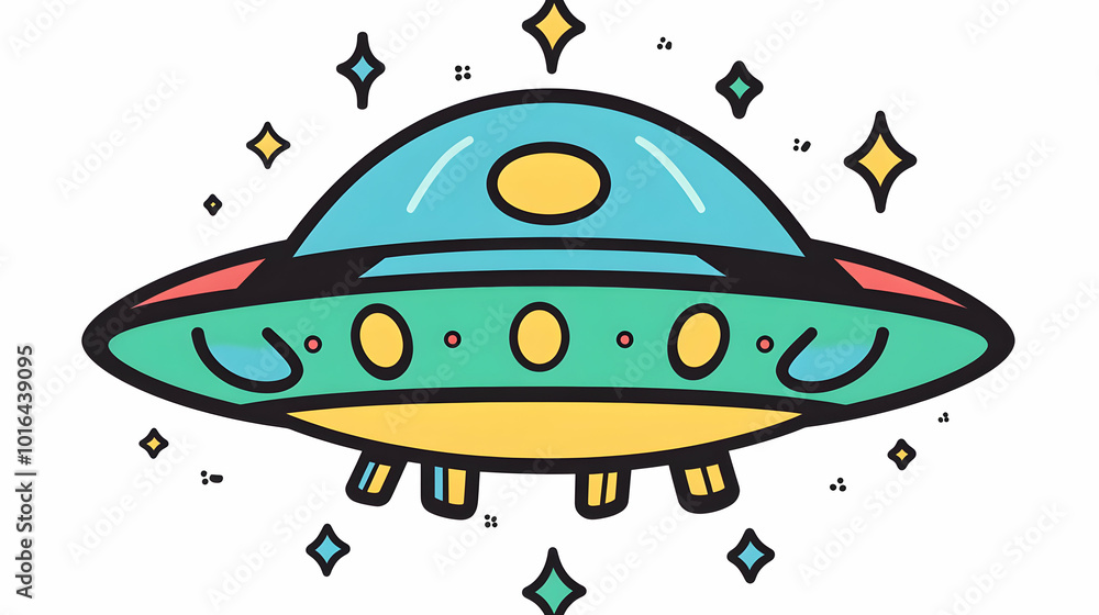 Fototapeta premium A Cartoon Illustration of a Green and Blue UFO Flying Through Space Surrounded by Stars