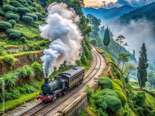 Vintage steam engine chugs along the scenic Darjeeling Himalayan Railway tracks, pulling a toy train carriage through the misty hills towards Ghum station in West Bengal, India. photo