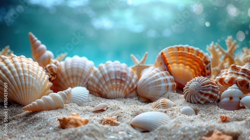 Various Seashells on a Sandy Beach Shoreline photo