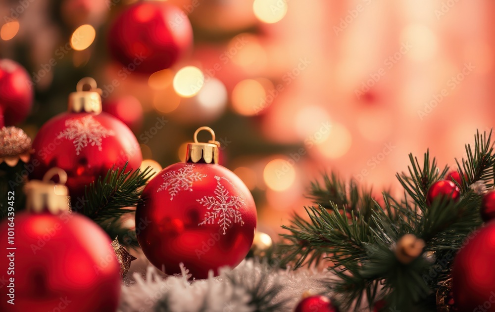 Red Christmas Ornaments with Bokeh Background Red Christmas Ornaments with Bokeh Background